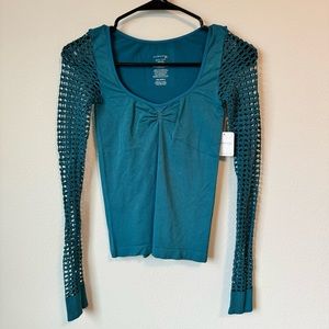 Free People Intimately Open Knit Sleeve Fitted Ruched Top‎ Teal Women XS/S NWT